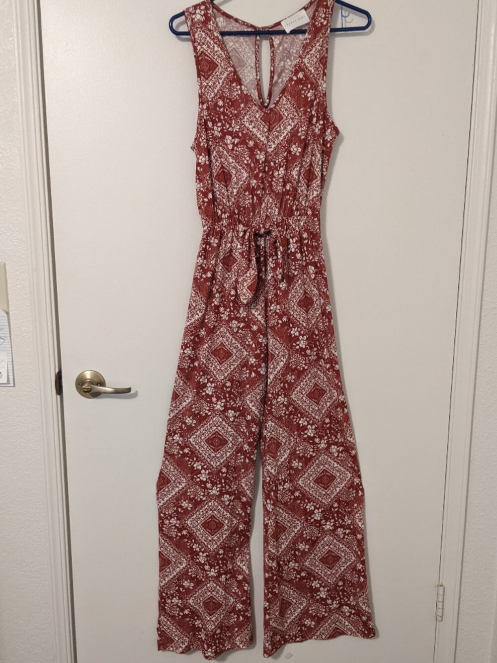Women's Wide Leg Palazzo Jumpsuit S Sleeveless Red White Paisley Y2K Boho Hippy